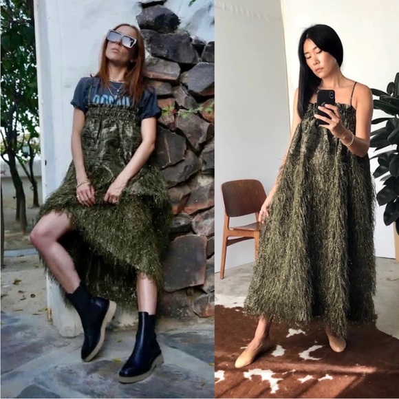 GANNI Faux Feather Embellished Jacquard Midi Dress Kalamata Green - Picture 1 of 9